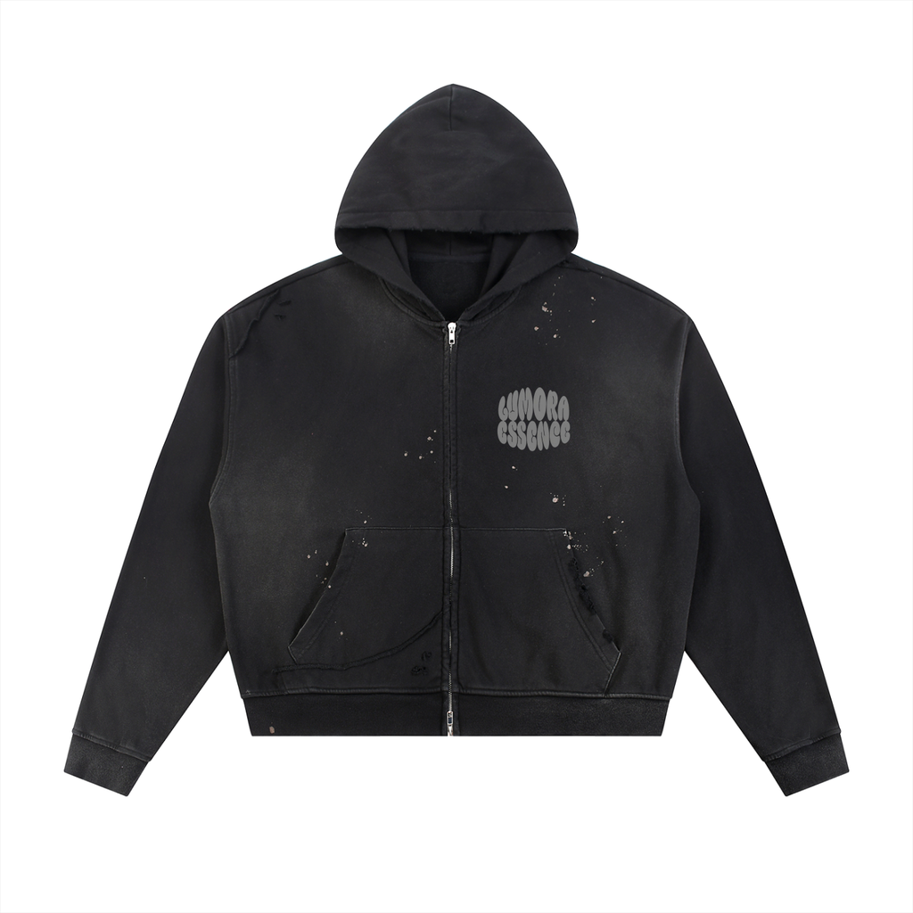 Sun Fade Frayed Raw Edge Fleece Zip Hoodie
