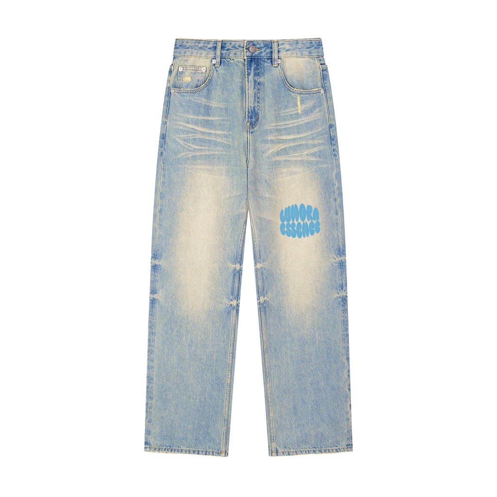 Sun Fade Raw Hem Denim Jeans